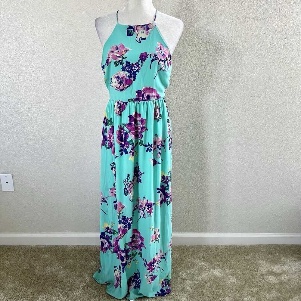 Everly Teal Blue Pink Floral Sleeveless Maxi Dress Sz Medium Cottagecore Summer